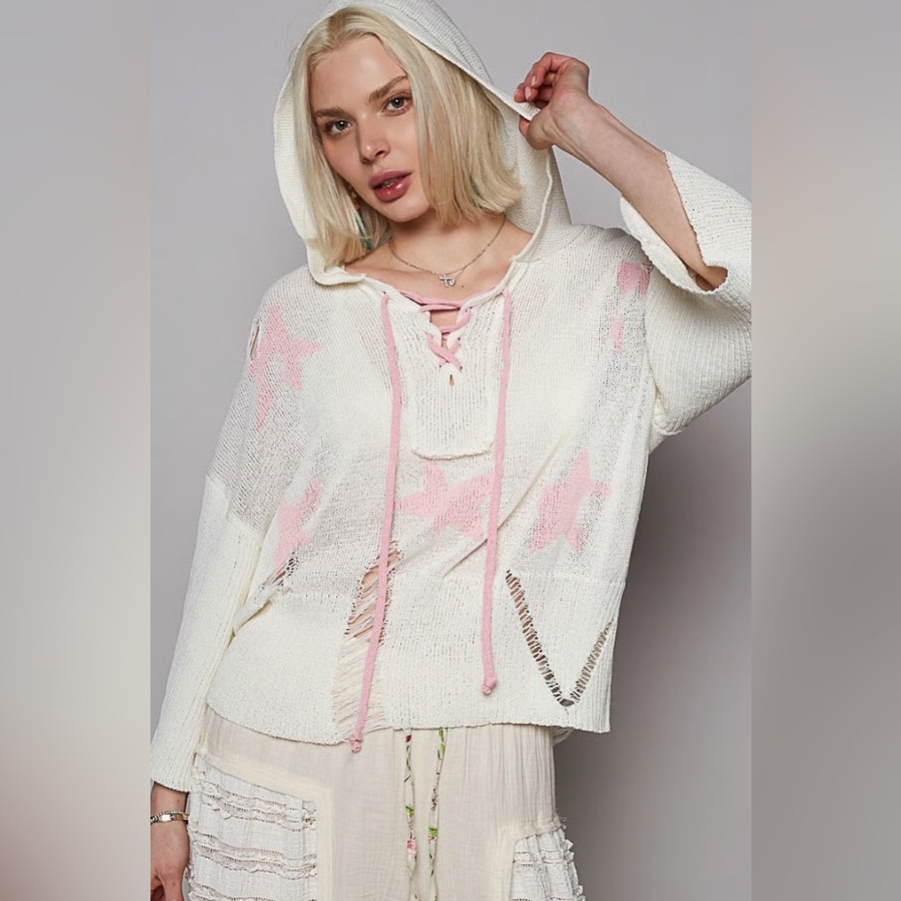 NWOT POL Stars Align White and Pink Distressed Hooded Sweater (XL)